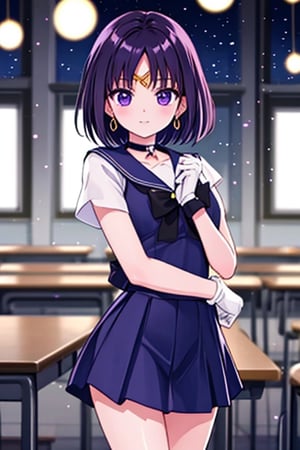 a 6-year-old Japanese girl,  (in a classroom setting:1.2), Generate a high-quality image of a 6-year-old Japanese schoolgirl in a classroom setting, dressed as Sailor Saturn. She should have purple eyes, short purple hair, and wear a circlet, brooch, choker, earrings, gloves, and a sailor senshi uniform with a miniskirt. The image should be set against a night sky with stars and a moon, and the girl should be looking directly at the viewer with a cowboy shot composition. The image should be a masterpiece with best quality, high resolution, and unity 8k wallpaper standards. The illustration should have beautiful, detailed eyes, an extremely detailed face, perfect lighting, and extremely detailed CG with perfect hands and anatomy. The background should be a beautiful, high-quality image of a school, with a focus on the girl as Sailor Saturn