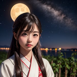 Six-year-old Princess Kaguya,
young Japanese girl,
long flowing black hair,
innocent and serene expression,

traditional child's kimono,
delicate and colorful patterns,
small golden crown or hairpin,

giant full moon in background,
lunar surface details visible,
starry night sky,

Japanese landscape elements,
silhouette of bamboo grove,
distant mountains in moonlight,

soft moonlight illumination,
celestial glow around the child,
mystical and ethereal atmosphere,

8K resolution,
hyper-realistic details,
cinematic composition,

child standing facing forward,
gazing at the moon with wonder,
aura of innocence and mystery,

subtle sparkles or stardust,
gentle breeze effect on hair and kimono,