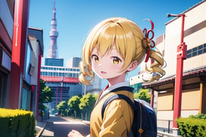 1 girl,
solo,
young Japanese girl,
around 6 years old,
bright yellow eyes,
sparkle with innocence and curiosity,
playful expression,
curious,
young,
female,
Japanese,

wearing a Japanese school uniform,
collared shirt,
pleated skirt,
backpack,

blonde hair,
styled in twin drills and twintails,
adorned with a cute hair ornament,

front of Tokyo Tower in Japan,
bright sunny day,
clear blue sky,
sunlight,

high-resolution,
highly detailed,
masterpiece,
8K,
3D,
photorealistic,

medium shot,

stunning,
visually striking,
youthful innocence,
endearing personality,
playfulness and wonder,
charm and energy of a young child,