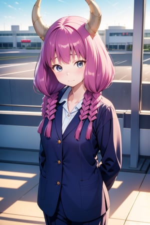 (solo:1.1),
young,
petite,
6-year-old,
Japanese girl,
gentle and kind expression,

aaaura,
braid,
twin braids,
horns,

(Office worker clothes:1.1),

looking at the viewer, cowboy shot,
airport,


bright,
sunny day,

photorealistic,
ultra-high-resolution,
8K,

