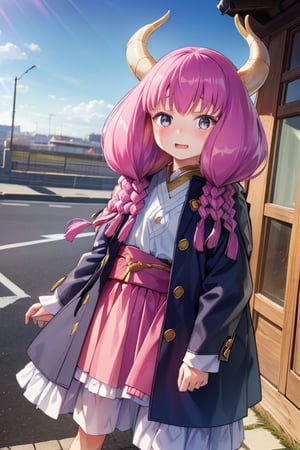 aaaura, braid, twin braids, horns, 

(Magical Clothing:1.3),

Create a photorealistic, ultra-high-resolution (8K) image of a young, petite 6-year-old Japanese girl with a gentle and kind expression. She should be standing on the rooftop of a school on a bright, sunny day.