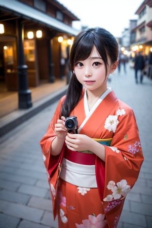 A six-year-old Japanese girl with long black hair, wearing a traditional kimono, stands in front of a camera, facing forward. She is standing in a bustling 19th-century city, surrounded by horse-drawn carriages, cobblestone streets, and gas lamps casting a warm glow. The girl's expression is one of wonder and curiosity, her eyes wide with amazement at the sights and sounds of the city.