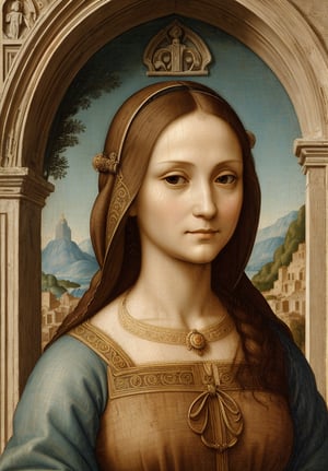 A portrait in the distinctive style of Leonardo da Vinci, depicting the upper body of the Virgin Mary in an ancient city. The background subtly hints at an ancient city, with elements such as detailed architecture, temples, and market scenes visible but not distracting from the main subject. Mary is shown wearing traditional ancient clothing, with a serene and compassionate expression. The painting captures the intricate details and realistic textures typical of Leonardo da Vinci's work, with a focus on light and shadow to create depth and dimension. Use the sfumato technique for soft transitions between colors and tones, and emphasize Mary's divine features and gentle presence. Blend Renaissance and ancient aesthetics seamlessly.