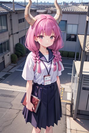 aaaura, braid, twin braids, horns, 

(Office worker clothes:1.3),

Create a photorealistic, ultra-high-resolution (8K) image of a young, petite 6-year-old Japanese girl with a gentle and kind expression. She should be wearing a nurse's uniform and standing on the rooftop of a school on a bright, sunny day.
