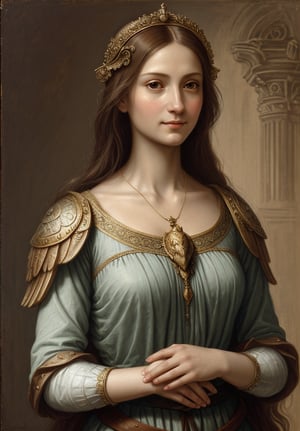 Renaissance portrait in the style of Leonardo da Vinci, upper body of goddess Athena, sfumato technique, subtle gradations, enigmatic smile, muted earth tones, atmospheric perspective, detailed background landscape, chiaroscuro lighting, realistic female anatomy, intricate drapery of Renaissance clothing, oil on wood panel, high level of detail, masterful composition, soft ethereal glow, gentle yet strong facial features, flowing hair, delicate hands, serene and wise expression, ornate armor, subtle halo effect, owl companion.