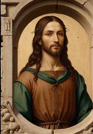 A cowboy shot painting of Jesus Christ in an ancient city, depicted in Leonardo da Vinci's distinctive High Renaissance style. The scene should feature intricate architectural details of ancient buildings in the background, with Christ in the foreground from waist up. Use the sfumato technique for soft transitions between colors and tones, creating a smoky effect without lines or borders. Include realistic human anatomy and natural elements of the period. Emphasize Christ's serene expression and delicate features, capturing the complexity of human emotions. Incorporate da Vinci's fascination with light and shadow, creating a mysterious and ethereal atmosphere. Blend Renaissance aesthetics with ancient architectural elements seamlessly. Pay attention to the subtle gradations in Christ's facial features and clothing, mimicking da Vinci's meticulous approach to detail and scientific observation of light and form.