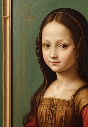 A painting of a 5-year-old girl in a school setting, depicted in Leonardo da Vinci's style, characterized by innocent, playful, and detailed features.