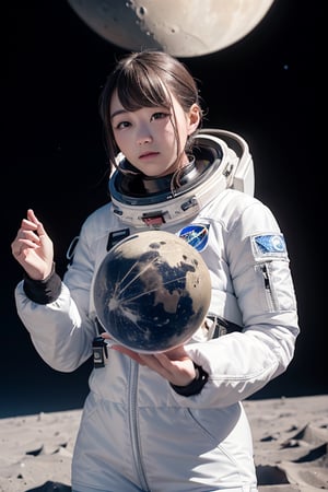 A young Japanese girl with long, raven-black hair standing in the foreground, facing a futuristic lunar base on the surface of the moon. She wears a sleek, high-tech spacesuit with advanced materials and design elements that suggest Japan's leadership in space exploration and technology. The girl's expression is one of determination and wonder, as she gazes up at the lunar outpost with a sense of purpose and ambition. The contrast between the girl's youthful appearance and the advanced, otherworldly setting of the lunar base creates a sense of the next generation's role in shaping humanity's future in space. The scene conveys a feeling of scientific progress, global cooperation, and the boundless potential of the human spirit.