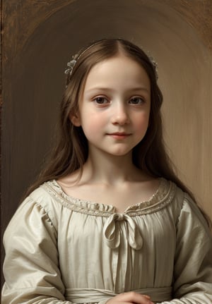 Renaissance portrait in the style of Leonardo da Vinci, upper body of a 5-year-old girl as young Virgin Mary, sfumato technique, subtle gradations, enigmatic smile, muted earth tones, atmospheric perspective, detailed background landscape, chiaroscuro lighting, realistic child anatomy, intricate drapery of Renaissance clothing, oil on wood panel, high level of detail, masterful composition, soft ethereal glow, gentle facial features, flowing hair, delicate hands, serene and innocent expression, simple robe, subtle halo effect.