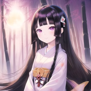 
 (black hair:1.5),
masterpiece, best quality, intricate details, (kaguya-hime:1.5), (little girl:1.5), (petite:1.5), beautiful child, light pink hair, white skin, light purple eyes, traditional Japanese kimono, bamboo forest background, full moon in sky, ethereal glow, innocent smile, (childlike features:1.2), (fairy tale atmosphere:1.3), upper body portrait, 
