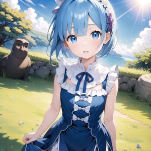 (6 year old girl:1.7), (cowboy shot:1.4), Rem from Re:Zero, (insanely detailed:1.1), (Ultra detailed:1.1), (8K resolution:1.2), (photorealistic:1.1), (natural lighting:1.1), young child, big blue eyes, short light blue hair with side bangs, cute expression, childlike features, wearing a distinctive maid outfit with frills and bows, blue and white color scheme, outdoors, Easter Island Moai statues in background, bright sunny day, clear sky, looking at viewer, innocent pose, (hyper-realistic:1.1)