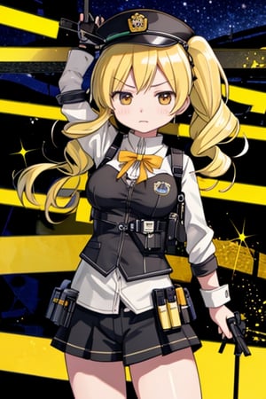 Create a stunning, high-resolution masterpiece of a solo woman in a police uniform with blonde hair styled in twin drills and twintails, adorned with a beautiful police hat. Her bright yellow eyes sparkle with determination. She wears a stylish bulletproof vest and utility belt, holding a handgun with confidence and authority. Incorporate a sense of parody and playfulness in her expression, with her mouth open in a joyful shout. Generate an image that is highly detailed and visually striking, with a focus on capturing the character's personality and charm. Highly detailed, masterpiece, 8K, 3D, photorealistic, 1 woman, solo, young, female, police uniform, police hat, bulletproof vest, utility belt, handgun, serious expression, determined, authoritative.