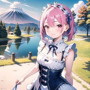 
(insanely detailed:1.1),
(Ultra detailed:1.1),
(8K resolution:1.1),
(photorealistic:1.1),
(hyper-realistic:1.1),
Photorealistic 8K resolution illustration,
Vibrant colors,
sharp focus,

(6 year old girl:1.7),
Ram from Re:Zero,
starting life in another world,
petite figure,

(cowboy shot:1.4),

(hair over one eye:1.1),
distinctive pink hair,

large red eyes,

Wearing her iconic maid uniform with frills and bows,
white headdress,

Bright sunny day,
clear blue sky,
Background: Mount Fuji in Japan,

