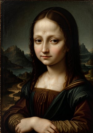 Renaissance portrait in the style of Leonardo da Vinci, 5-year-old girl, upper body, Mona Lisa-inspired pose, sfumato technique, subtle gradations, enigmatic smile, muted earth tones, atmospheric perspective, detailed background landscape, chiaroscuro lighting, realistic child anatomy, intricate drapery of Renaissance clothing, oil on wood panel, high level of detail, masterful composition, soft ethereal glow, gentle facial features, flowing hair, delicate hands