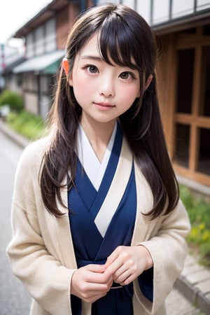 A six-year-old Japanese girl with long black hair, wearing a traditional kimono, stands in front of a camera, facing forward. She is standing in a bustling town in the year 500 AD, surrounded by simple wooden houses, dirt roads, and people dressed in tunics and cloaks. The girl's expression is one of wonder and curiosity, her eyes wide with amazement at the sights and sounds of the town.