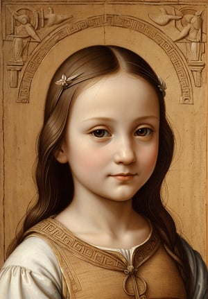 A portrait in the distinctive style of Leonardo da Vinci, depicting the upper body of a 5-year-old girl dressed in traditional ancient Greek clothing. The background subtly hints at an ancient Greek city, with elements such as detailed architecture, temples, and market scenes visible but not distracting from the main subject. The girl has a serene and innocent expression, and the painting captures the intricate details and realistic textures typical of Leonardo da Vinci's work, with a focus on light and shadow to create depth and dimension. Use the sfumato technique for soft transitions between colors and tones, and emphasize the girl's delicate features and curious expression. Blend Renaissance and ancient Greek aesthetics seamlessly.