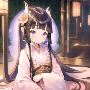 masterpiece, best quality, intricate details, (kaguya-hime:1.5), (little girl:1.5), (petite:1.5), beautiful child, light pink hair, white skin, light purple eyes, traditional Japanese kimono, bamboo forest background, full moon in sky, ethereal glow, innocent smile, (childlike features:1.2), (fairy tale atmosphere:1.3), upper body portrait, 