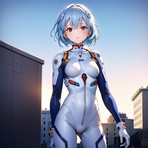 (6 year old girl:1.7), ayanami_rei, (insanely detailed:1.1), (Ultra detailed:1.1), high-quality 8K illustration, (cowboy shot:1.7), blue hair, red eyes, hair between eyes, (short hair:1.2), (white and blue plugsuit:1.3), (neural connectors:1.1), on a bright sunny day, (White House in background:1.4), beautiful detailed sky, beautiful detailed glow, posing in front of a dynamic background, masterpiece, best quality, beautiful and aesthetic, female focus, wallpaper
