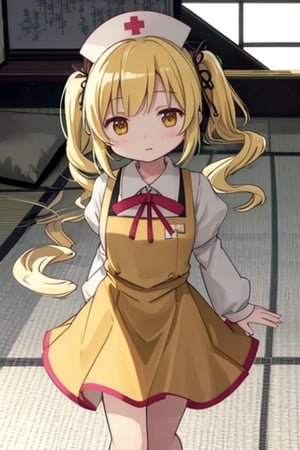 Create a stunning, high-resolution masterpiece of a solo young Japanese girl, around 6 years old, with blonde hair styled in twin drills and twintails, adorned with a cute hair ornament. Her bright yellow eyes sparkle with innocence and curiosity. She wears a traditional Japanese nurse uniform, including a collared shirt, pleated skirt, and a nurse's cap. Her expression is one of playfulness and wonder, capturing the charm and energy of a young child. Generate an image that is highly detailed and visually striking, with a focus on the character's youthful innocence and endearing personality. Highly detailed, masterpiece, 8K, 3D, photorealistic, 1 girl, solo, young, female, Japanese, nurse uniform, nurse's cap, playful expression, curious.