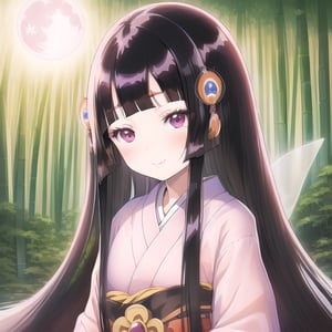 
 (black hair:1.5),
masterpiece, best quality, intricate details, (kaguya-hime:1.5), (little girl:1.5), (petite:1.5), beautiful child, light pink hair, white skin, light purple eyes, traditional Japanese kimono, bamboo forest background, full moon in sky, ethereal glow, innocent smile, (childlike features:1.2), (fairy tale atmosphere:1.3), upper body portrait, 
