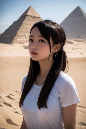 A beautiful black elementary school girl with long, flowing black hair styled in elegant vertical rolls and captivating eyes stands before a majestic pyramid in the Egyptian desert. She wears casual clothing (such as a T-shirt and jeans) or traditional Egyptian attire (like a gown and turban). Her expression reveals a mixture of curiosity, wonder, and awe as she gazes up at the towering structure. She could be looking up at the pyramid's peak, touching its ancient walls, or walking across the vast desert landscape. The scene is captured in high resolution and with the highest image quality, creating a realistic and captivating depiction of a young girl experiencing the grandeur of an ancient civilization.