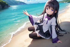 
homuramagica, long hair, pantyhose, purple eyes,

(6 year old girl:1.7), 
1 girl,  
solo,  
6 years old,  
Homura Akemi from Puella Magi Madoka Magica,  
young female,  
Japanese,  
bright purple eyes,  
long straight black hair,  
red ribbon in hair,  
sparkle with determination and mystery,  
serious expression,  
speaking,

wearing a modified magical girl outfit,  
purple and white color scheme,  
short pleated skirt,  
white blouse with purple bow,  
black thigh-high stockings,  
purple diamond-shaped soul gem on left hand,

on a sunny beach,  
bright sunny day,  
clear blue sky,  
sunlight reflecting on the sand and water,

high-resolution,  
highly detailed,  
masterpiece,  
8K,  
photorealistic,

medium shot,  
stunning,  
visually striking,
