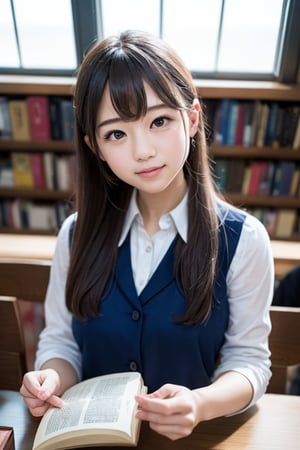 A beautiful elementary school girl with long, flowing black hair styled in elegant vertical rolls sits in a serene library, bathed in warm sunlight streaming through large windows. She is dressed in a classic elementary school uniform, either a sailor suit or a one-piece dress, and her captivating eyes sparkle with joy as she immerses herself in a captivating book. The scene is captured in high resolution and with the highest image quality, creating a realistic and heartwarming depiction of a young girl's love for reading.
