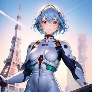 (6 year old girl:1.7), ayanami_rei, (insanely detailed:1.1), (Ultra detailed:1.1), high-quality 8K illustration, (cowboy shot:1.4), 1girl, looking at viewer, solo, blue hair, red eyes, hair between eyes, (short hair:1.2), (white and blue plugsuit:1.3), (neural connectors:1.1), on a bright sunny day, (Tokyo Tower in background:1.4), beautiful detailed sky, beautiful detailed glow, posing in front of a dynamic background, masterpiece, best quality, beautiful and aesthetic, female focus, wallpaper

