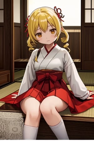 Create a stunning, high-resolution masterpiece of a solo young Japanese girl, around 6 years old, with blonde hair styled in twin drills and twintails, adorned with a cute hair ornament. Her bright yellow eyes sparkle with innocence and curiosity. She wears a traditional Japanese miko (shrine maiden) outfit, including a red hakama, white haori, and a pair of white tabi socks. Her expression is one of playfulness and wonder, capturing the charm and energy of a young child. Generate an image that is highly detailed and visually striking, with a focus on the character's youthful innocence and endearing personality. Highly detailed, masterpiece, 8K, 3D, photorealistic, 1 girl, solo, young, female, Japanese, miko outfit, playful expression, curious.