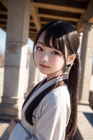 A six-year-old Japanese girl with long black hair, wearing a traditional kimono, stands in front of a camera, facing forward. She is standing in front of an ancient Sumerian temple, its towering ziggurat reaching towards the sky. The girl's expression is one of awe and wonder, her eyes wide with amazement. The lighting is soft and warm, casting long shadows from the temple.