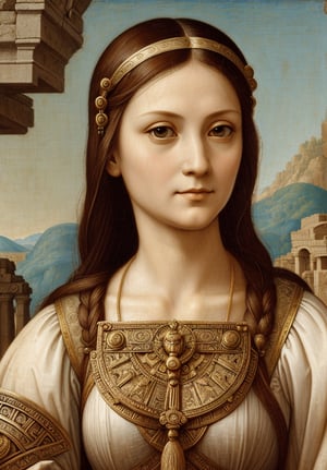 A portrait in the distinctive style of Leonardo da Vinci, depicting the upper body of the goddess Athena in an ancient city. The background subtly hints at an ancient city, with elements such as detailed architecture, temples, and market scenes visible but not distracting from the main subject. Athena is shown wearing traditional ancient clothing, with a serene and wise expression. The painting captures the intricate details and realistic textures typical of Leonardo da Vinci's work, with a focus on light and shadow to create depth and dimension. Use the sfumato technique for soft transitions between colors and tones, and emphasize Athena's divine features and commanding presence. Blend Renaissance and ancient aesthetics seamlessly.