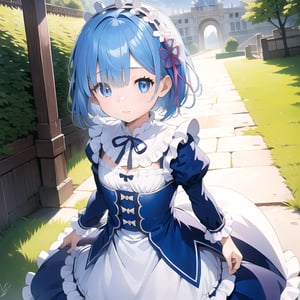 (6 year old girl:1.7), (cowboy shot:1.4), Rem from Re:Zero, (insanely detailed:1.1), (Ultra detailed:1.1), (8K resolution:1.2), (photorealistic:1.1), (natural lighting:1.1), young child, big blue eyes, short light blue hair with side bangs, cute expression, childlike features, wearing a distinctive maid outfit with frills and bows, blue and white color scheme, outdoors, Palace of Versailles in background, bright sunny day, clear sky, looking at viewer, innocent pose, (hyper-realistic:1.1)