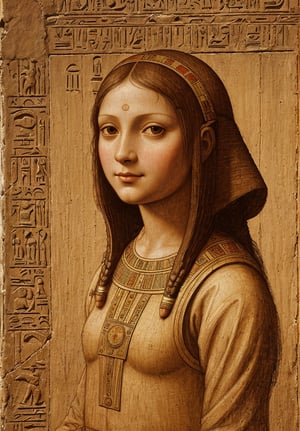 A painting of a 5-year-old girl in an ancient Egyptian city, depicted in Leonardo da Vinci's distinctive style. The scene should feature intricate architectural details of Egyptian temples and pyramids, with the girl in the foreground. Use sfumato technique for soft transitions between colors and tones. Include realistic human anatomy and natural elements like the Nile River. Emphasize the girl's curious expression and delicate features. Incorporate da Vinci's fascination with light and shadow, creating a mysterious atmosphere. Blend Renaissance and ancient Egyptian aesthetics seamlessly