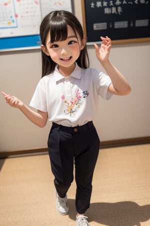 A masterpiece of a 6-year-old Japanese girl in a kindergarten, wearing long pants, A stunning full-body illustration of a young Japanese girl, created with the whimsical charm of a 6-year-old's imagination. The artwork features vibrant colors, playful shapes, and a joyful expression on the girl's face. The image is rendered in 8K resolution, suitable for use as a high-quality wallpaper.