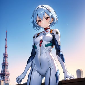 (6 year old girl:1.7), ayanami_rei, (insanely detailed:1.1), (Ultra detailed:1.1), high-quality 8K illustration, (cowboy shot:1.4), 1girl, looking at viewer, solo, blue hair, red eyes, hair between eyes, (short hair:1.2), (white and blue plugsuit:1.3), (neural connectors:1.1), on a bright sunny day, (Tokyo Tower in background:1.4), beautiful detailed sky, beautiful detailed glow, posing in front of a dynamic background, masterpiece, best quality, beautiful and aesthetic, female focus, wallpaper
