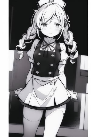 (black and white line art:1.77), Create a stunning, high-resolution masterpiece of a solo young Japanese girl, around 6 years old, with blonde hair styled in twin drills and twintails, adorned with a cute hair ornament. Her bright yellow eyes sparkle with innocence and curiosity. She wears a traditional Japanese nurse uniform, including a collared shirt, pleated skirt, and a nurse's cap. Her expression is one of playfulness and wonder, capturing the charm and energy of a young child. Generate an image that is highly detailed and visually striking, with a focus on the character's youthful innocence and endearing personality. Highly detailed, masterpiece, 8K, 3D, photorealistic, 1 girl, solo, young, female, Japanese, nurse uniform, nurse's cap, playful expression, curious.