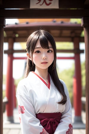 A six-year-old Japanese girl with long black hair, wearing a traditional kimono, stands in front of a camera, facing forward. She is standing in front of a towering, ancient Japanese shrine torii gate, its bright red pillars framing a pathway leading into the sacred grounds. The girl's expression is one of wonder and curiosity, her eyes wide with amazement. The lighting is soft and warm, casting long shadows from the torii gate.