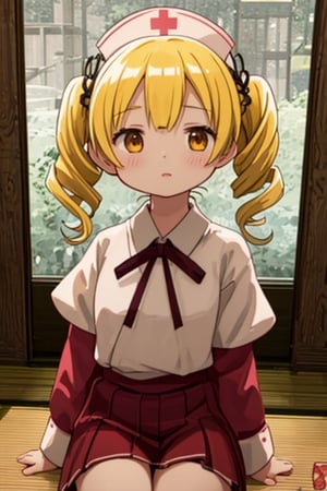 Create a stunning, high-resolution masterpiece of a solo young Japanese girl, around 6 years old, with blonde hair styled in twin drills and twintails, adorned with a cute hair ornament. Her bright yellow eyes sparkle with innocence and curiosity. She wears a traditional Japanese nurse uniform, including a collared shirt, pleated skirt, and a nurse's cap. Her expression is one of playfulness and wonder, capturing the charm and energy of a young child. Generate an image that is highly detailed and visually striking, with a focus on the character's youthful innocence and endearing personality. Highly detailed, masterpiece, 8K, 3D, photorealistic, 1 girl, solo, young, female, Japanese, nurse uniform, nurse's cap, playful expression, curious.