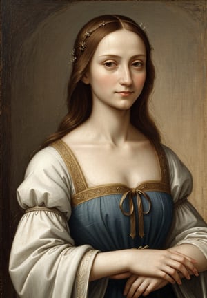 Renaissance portrait in the style of Leonardo da Vinci, upper body of Adam from the Garden of Eden, sfumato technique, subtle gradations, enigmatic smile, muted earth tones, atmospheric perspective, detailed background landscape, chiaroscuro lighting, realistic human anatomy, intricate drapery of Renaissance clothing, oil on wood panel, high level of detail, masterful composition, soft ethereal glow, gentle facial features, flowing hair, delicate hands, serene and contemplative expression, simple robe, subtle halo effect.