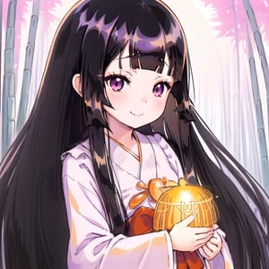 
 (black hair:1.5),
masterpiece, best quality, intricate details, (kaguya-hime:1.5), (little girl:1.5), (petite:1.5), beautiful child, light pink hair, white skin, light purple eyes, traditional Japanese kimono, bamboo forest background, full moon in sky, ethereal glow, innocent smile, (childlike features:1.2), (fairy tale atmosphere:1.3), upper body portrait, 
