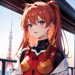 Upper body portrait of 6-year-old Asuka Langley Soryu from Neon Genesis Evangelion, young child, blue eyes, orange hair, hair between eyes, cute expression, childlike features, (no interface headset), wearing her red plugsuit, outdoors, looking at viewer, innocent pose, Tokyo Tower in the background, bright sunny day, 8K resolution, photorealistic, natural lighting, highly detailed, sharp focus