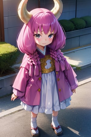 aaaura, braid, twin braids, horns, 

(Magical Clothing:1.3),

Create a photorealistic, ultra-high-resolution (8K) image of a young, petite 6-year-old Japanese girl with a gentle and kind expression. She should be standing on the rooftop of a school on a bright, sunny day.