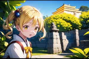 1 girl,
solo,
young Japanese girl,
around 6 years old,
bright yellow eyes,
sparkle with innocence and curiosity,
playful expression,
curious,
young,
female,
Japanese,

wearing a Japanese school uniform,
collared shirt,
pleated skirt,
backpack,

blonde hair,
styled in twin drills and twintails,
adorned with a cute hair ornament,

 front of a Mayan pyramid temple,

bright sunny day,
clear blue sky,
sunlight,

high-resolution,
highly detailed,
masterpiece,
8K,
3D,
photorealistic,

medium shot,

stunning,
visually striking,
youthful innocence,
endearing personality,
playfulness and wonder,
charm and energy of a young child,