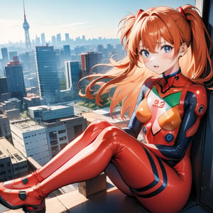 (6 year old girl:1.7), Asuka Langley Soryu from Neon Genesis Evangelion, young child, blue eyes, orange hair, hair between eyes, cute expression, childlike features, wearing a red plugsuit, outdoors, looking at viewer, innocent pose, background is Tokyo Tower, cityscape