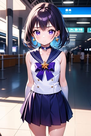(solo:1.5),
(A five-year-old girl:1.5),
(Five years old:1.5),
(infant:1.5),
(little girl:1.5),
A 6-year-old Japanese schoolgirl incorporating Sailor Saturn elements,
looking at the viewer,
cowboy shot,

short purple hair,
purple eyes,

magical girl outfit,
sailor senshi uniform,
miniskirt,
purple sailor collar,
white gloves,
circlet,
brooch,
choker,
earrings,
gloves,
jewelry,
star choker,

airport,

beautiful and detailed illustration,
high-quality,
8k resolution,
perfect lighting,
extremely detailed CG,
perfect hands and anatomy,
masterpiece,

bright,
sunny day,