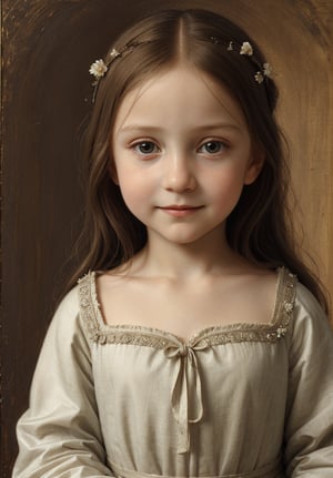 Renaissance portrait in the style of Leonardo da Vinci, upper body of a 5-year-old girl as young Virgin Mary, sfumato technique, subtle gradations, enigmatic smile, muted earth tones, atmospheric perspective, detailed background landscape, chiaroscuro lighting, realistic child anatomy, intricate drapery of Renaissance clothing, oil on wood panel, high level of detail, masterful composition, soft ethereal glow, gentle facial features, flowing hair, delicate hands, serene and innocent expression, simple robe, subtle halo effect.