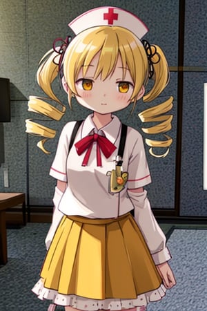 Create a stunning, high-resolution masterpiece of a solo young Japanese girl, around 6 years old, with blonde hair styled in twin drills and twintails, adorned with a cute hair ornament. Her bright yellow eyes sparkle with innocence and curiosity. She wears a traditional Japanese nurse uniform, including a collared shirt, pleated skirt, and a nurse's cap. Her expression is one of playfulness and wonder, capturing the charm and energy of a young child. Generate an image that is highly detailed and visually striking, with a focus on the character's youthful innocence and endearing personality. Highly detailed, masterpiece, 8K, 3D, photorealistic, 1 girl, solo, young, female, Japanese, nurse uniform, nurse's cap, playful expression, curious.