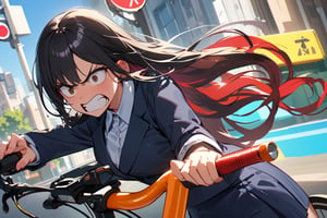 standing,

(cowboy shot:1.1),

A 30-year-old female office worker with distinctive features, riding a bicycle. She has long black hair and an angry expression. She is dressed in professional office attire. The background is a bright, sunny day at a traffic intersection with traffic lights. The shot is a cowboy shot, focusing on her upper body, with an emphasis on insane detail and ultra detail