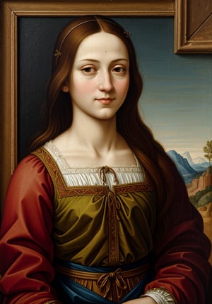 A Renaissance portrait in the style of Leonardo da Vinci, depicting the upper body of a 15-year-old Jesus Christ. Utilize sfumato technique, subtle gradations, and an enigmatic smile. Incorporate muted earth tones, atmospheric perspective, and chiaroscuro lighting. Focus on realistic human anatomy, intricate drapery, and high level of detail. Paint on a wood panel using oil, with a masterful composition reminiscent of High Renaissance art. Include a detailed background landscape to enhance depth and atmosphere.