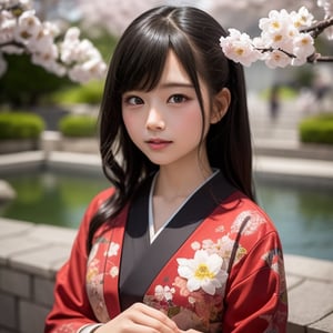 A stunning portrait of an 8-year-old Japanese girl, radiating beauty and innocence. She has long, flowing black hair, large, expressive dark eyes, and a delicate, heart-shaped face. She is wearing a traditional Japanese kimono, adorned with intricate patterns and vibrant colors. The background is a serene Japanese garden with cherry blossoms in full bloom. Highly detailed, masterpiece, 8K resolution.